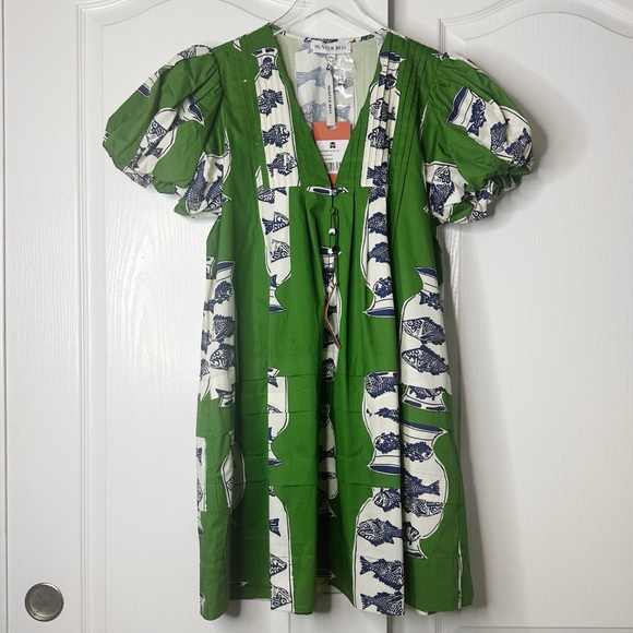 Hunter Bell Wilkes Dress Herring Green Puff Sleeve Cotton Size Medium NWT - Picture 6 of 17